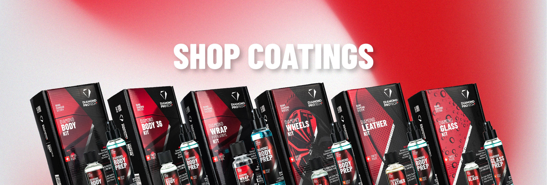 Row of nanodiamond protective coating product kits with a red and white background